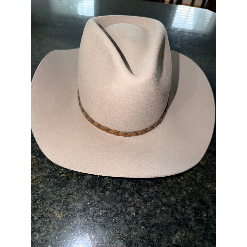 Trail Boss Pure Wool Beige Cowboy Hat Braided Leather Band Made in USA Size 7